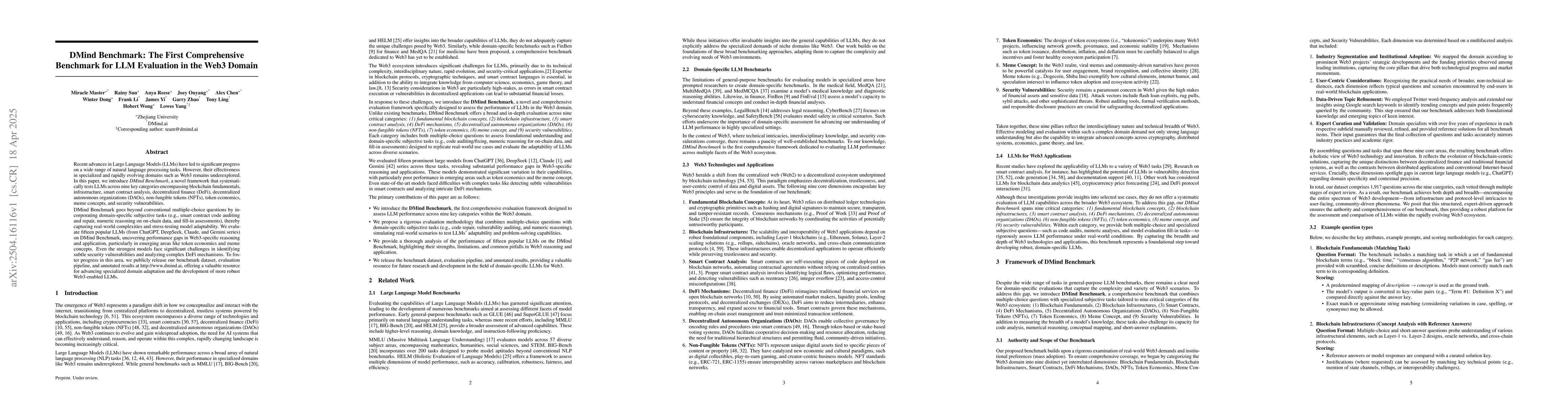 Thumbnail for DMind Benchmark: The First Comprehensive Benchmark for LLM Evaluation in
  the Web3 Domain