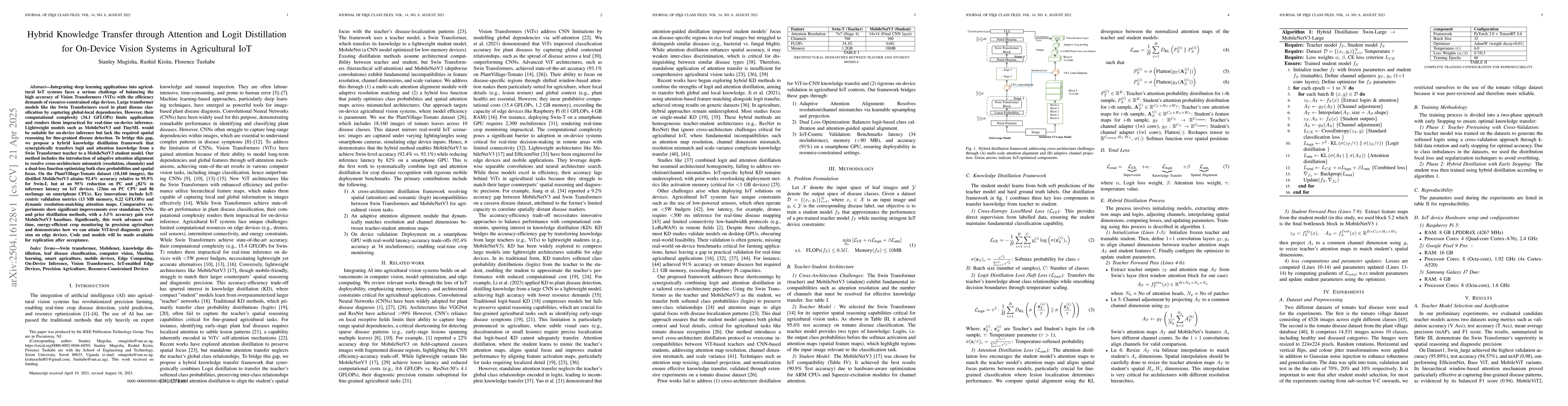 Thumbnail for Hybrid Knowledge Transfer through Attention and Logit Distillation for
  On-Device Vision Systems in Agricultural IoT