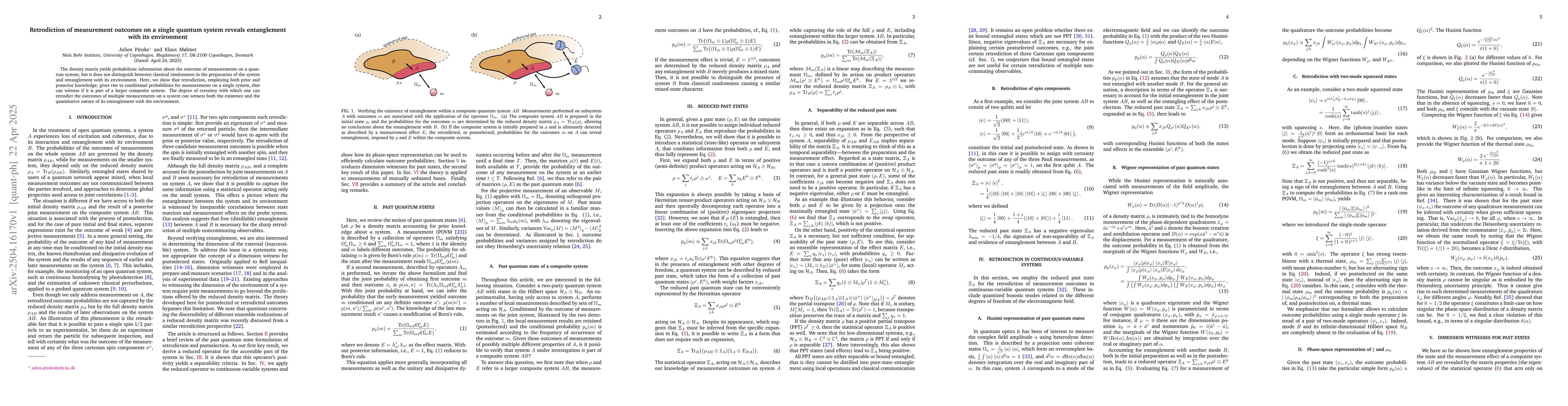 Thumbnail for Retrodiction of measurement outcomes on a single quantum system reveals
  entanglement with its environment