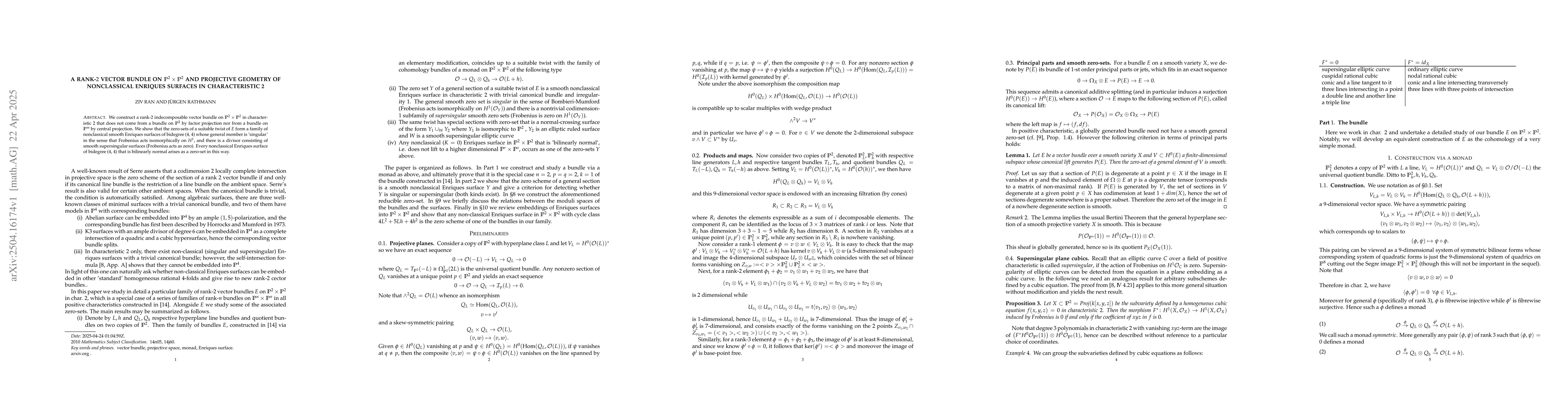 Thumbnail for A rank-$2$ vector bundle on ${\mathbb P}^2\times {\mathbb P}^2$ and
  projective geometry of nonclassical Enriques surfaces in characteristic 2