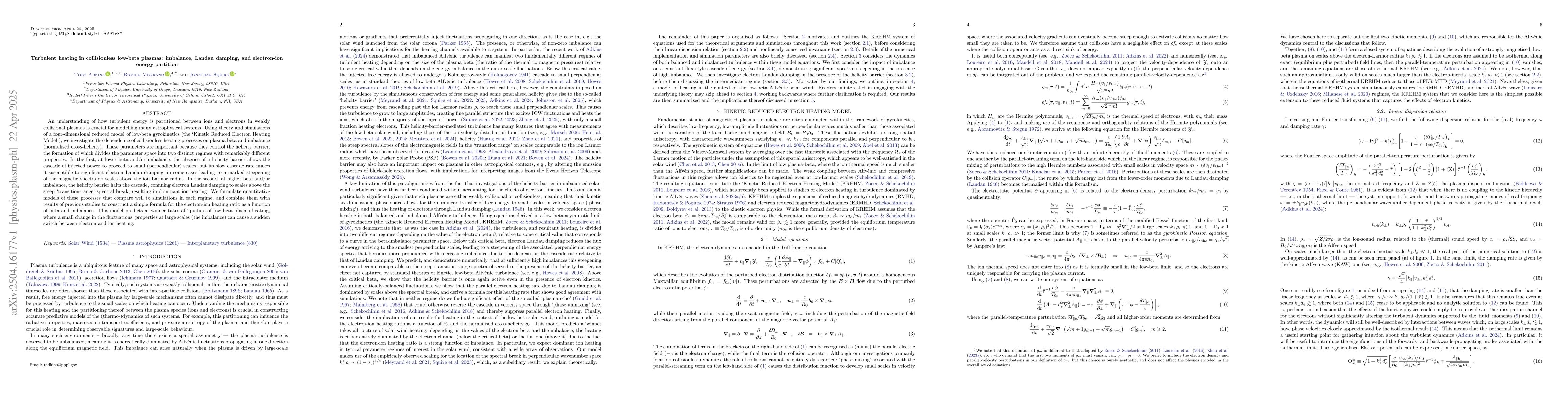 Thumbnail for Turbulent heating in collisionless low-beta plasmas: imbalance, Landau
  damping, and electron-ion energy partition