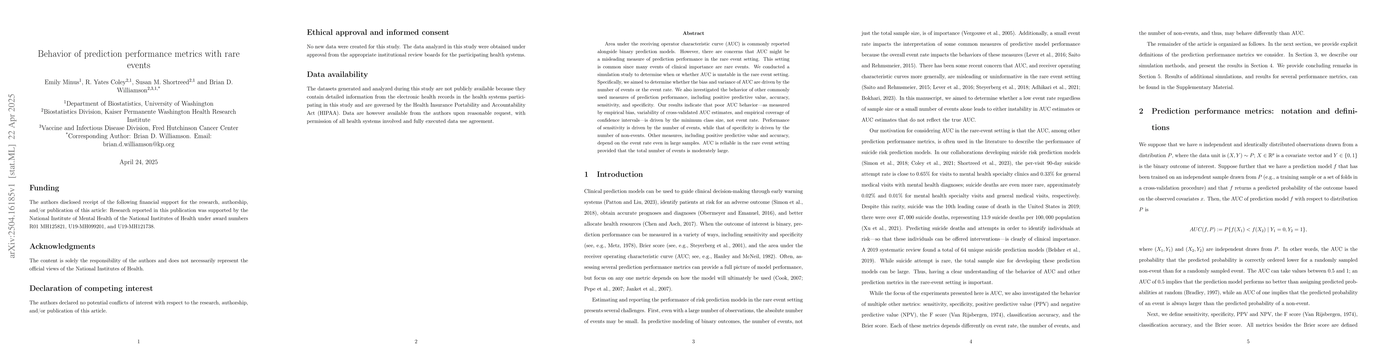 Thumbnail for Behavior of prediction performance metrics with rare events