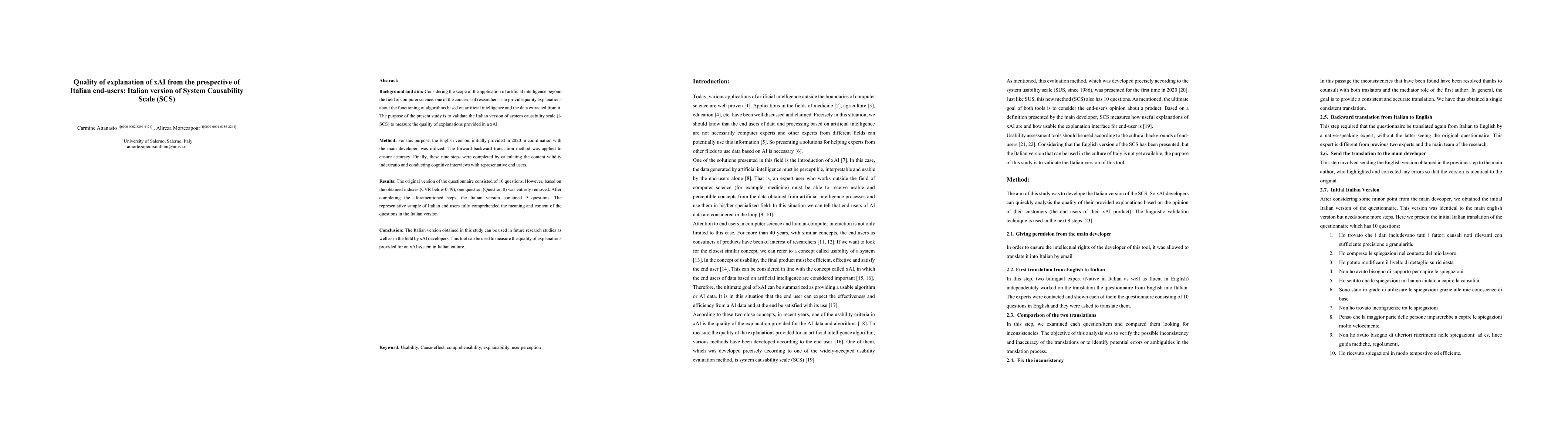 Thumbnail for Quality of explanation of xAI from the prespective of Italian end-users:
  Italian version of System Causability Scale (SCS)