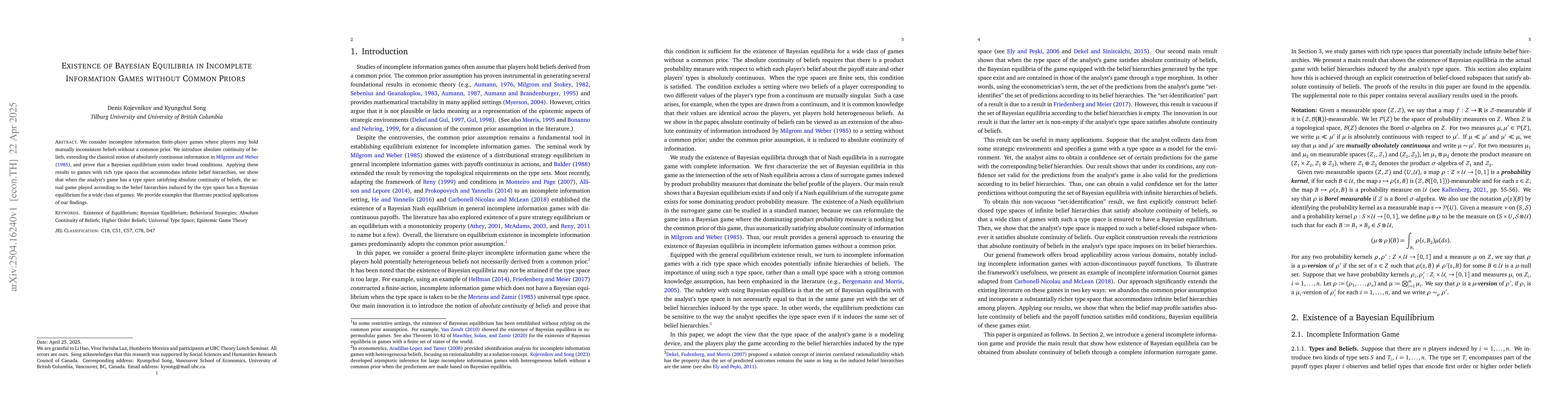 Thumbnail for Existence of Bayesian Equilibria in Incomplete Information Games without
  Common Priors