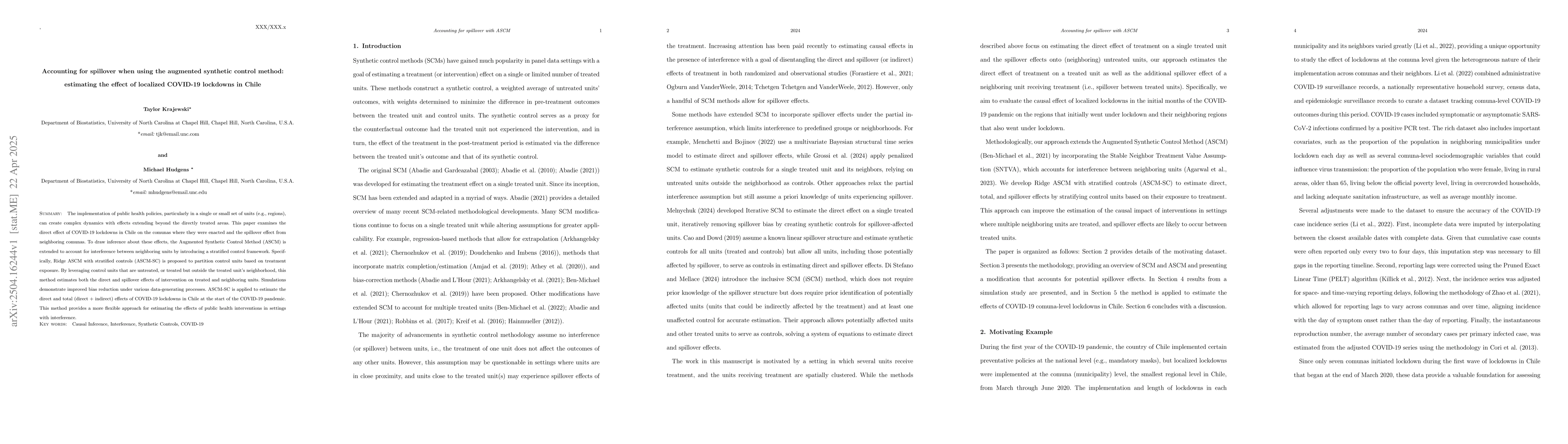 Thumbnail for Accounting for spillover when using the augmented synthetic control
  method: estimating the effect of localized COVID-19 lockdowns in Chile
