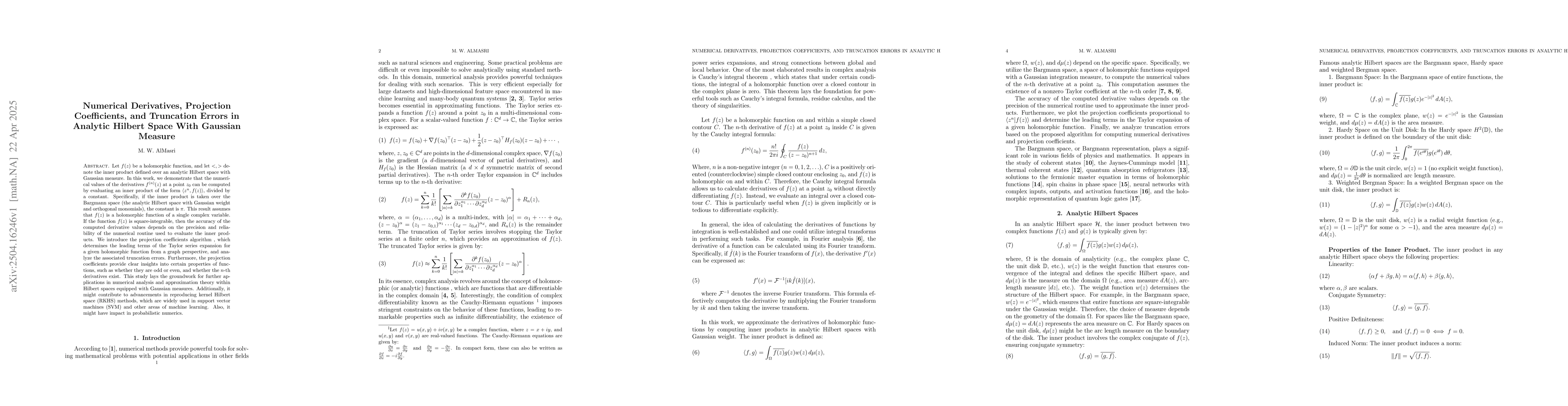 Thumbnail for Numerical Derivatives, Projection Coefficients, and Truncation Errors in
  Analytic Hilbert Space With Gaussian Measure