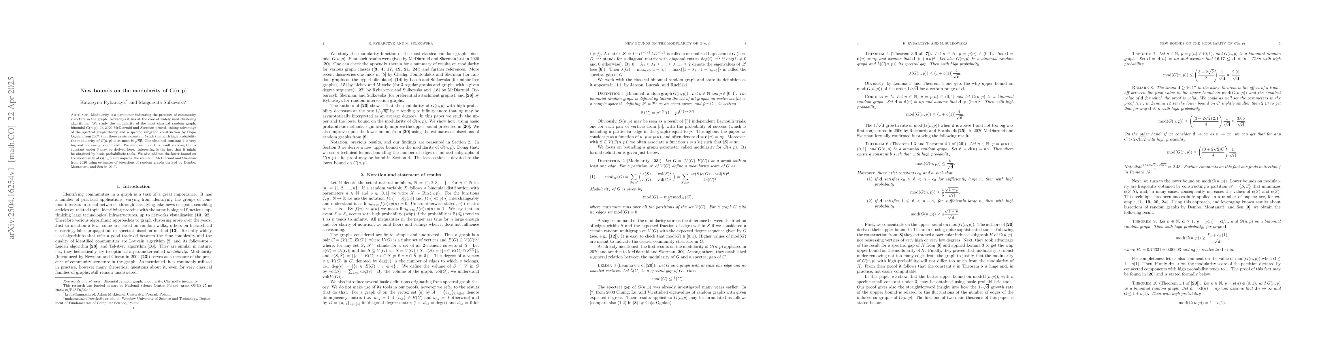 Thumbnail for New bounds on the modularity of $G(n,p)$