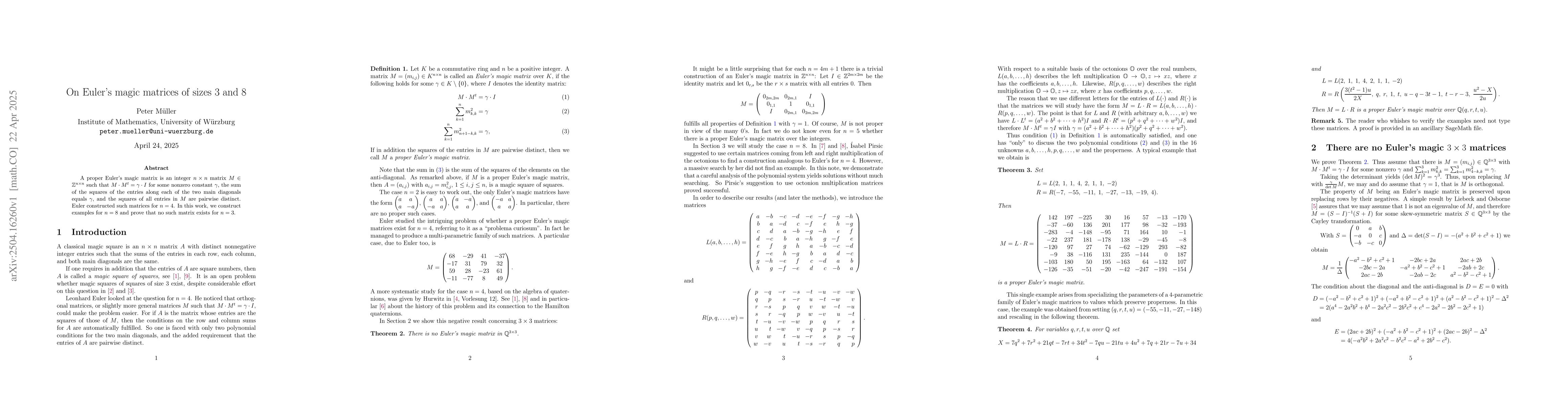 Thumbnail for On Euler's magic matrices of sizes $3$ and $8$