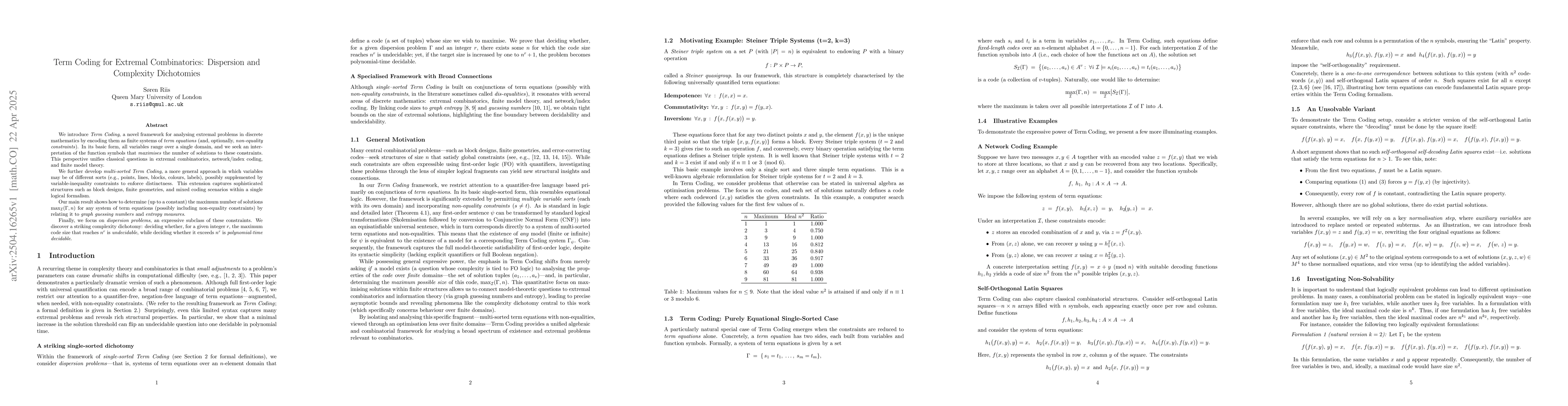 Thumbnail for Term Coding for Extremal Combinatorics: Dispersion and Complexity
  Dichotomies