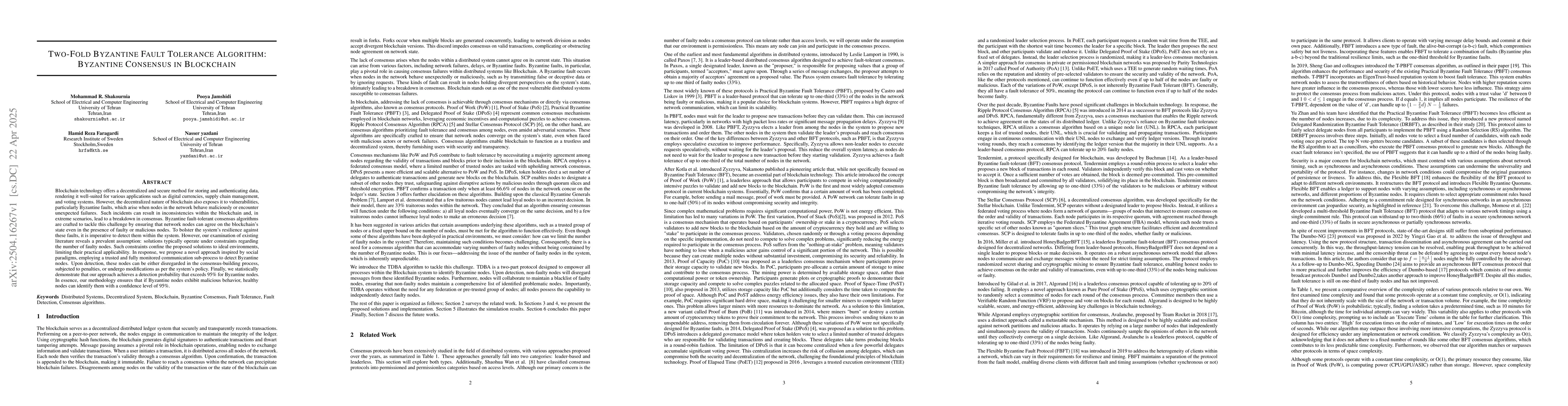 Thumbnail for Two-Fold Byzantine Fault Tolerance Algorithm: Byzantine Consensus in
  Blockchain