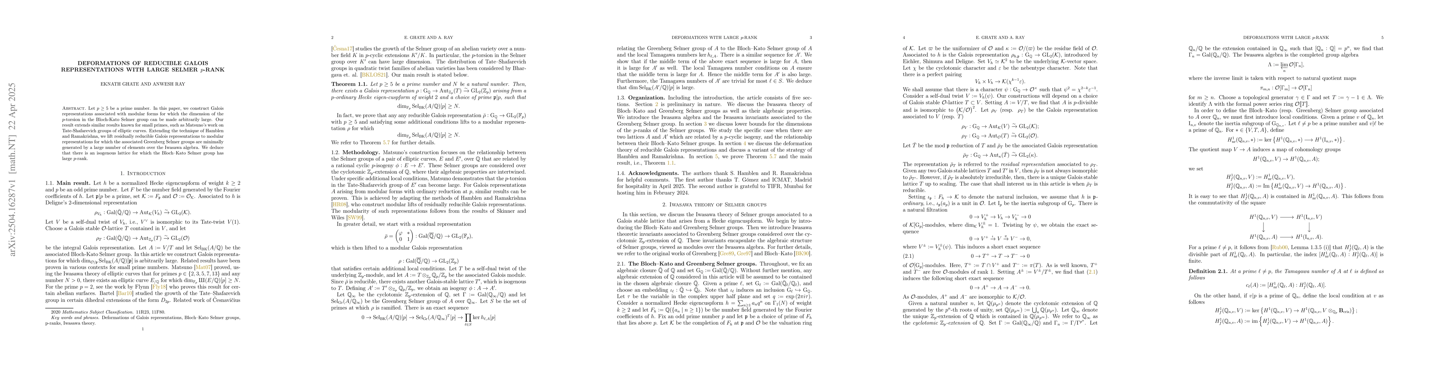 Thumbnail for Deformations of reducible Galois representations with large Selmer
  $p$-rank