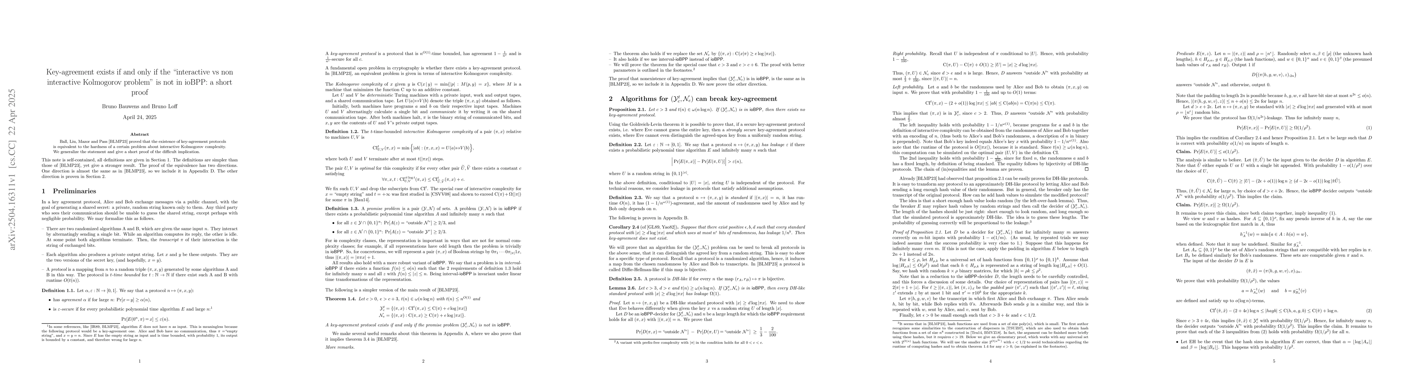 Thumbnail for Key-agreement exists if and only if the "interactive vs non interactive
  Kolmogorov problem" is not in ioBPP: a short proof