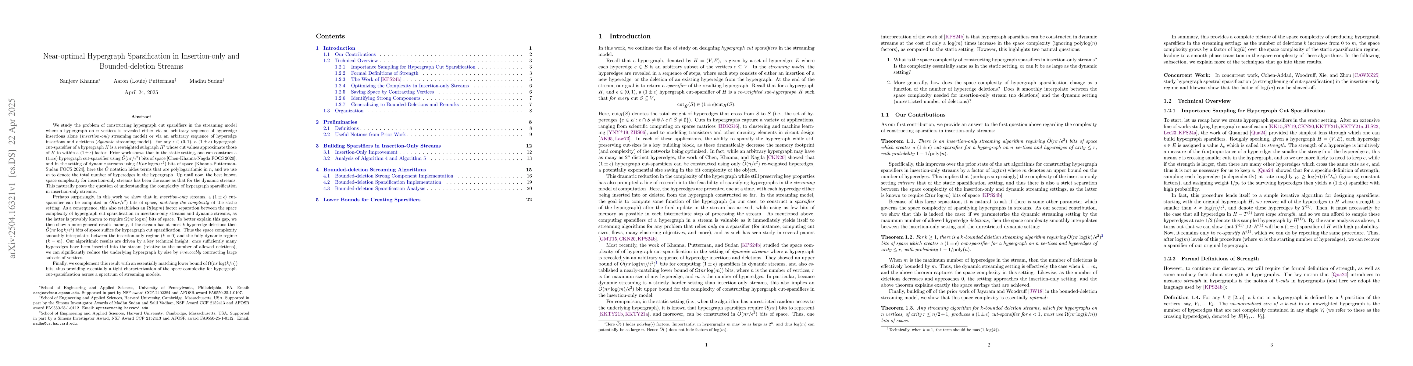 Thumbnail for Near-optimal Hypergraph Sparsification in Insertion-only and
  Bounded-deletion Streams