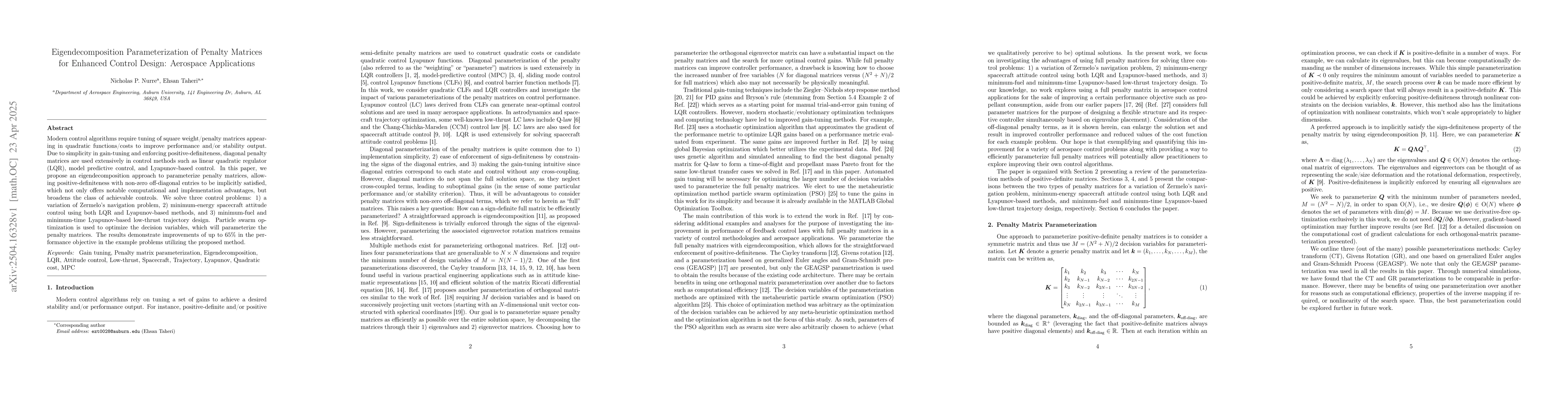 Thumbnail for Eigendecomposition Parameterization of Penalty Matrices for Enhanced
  Control Design: Aerospace Applications