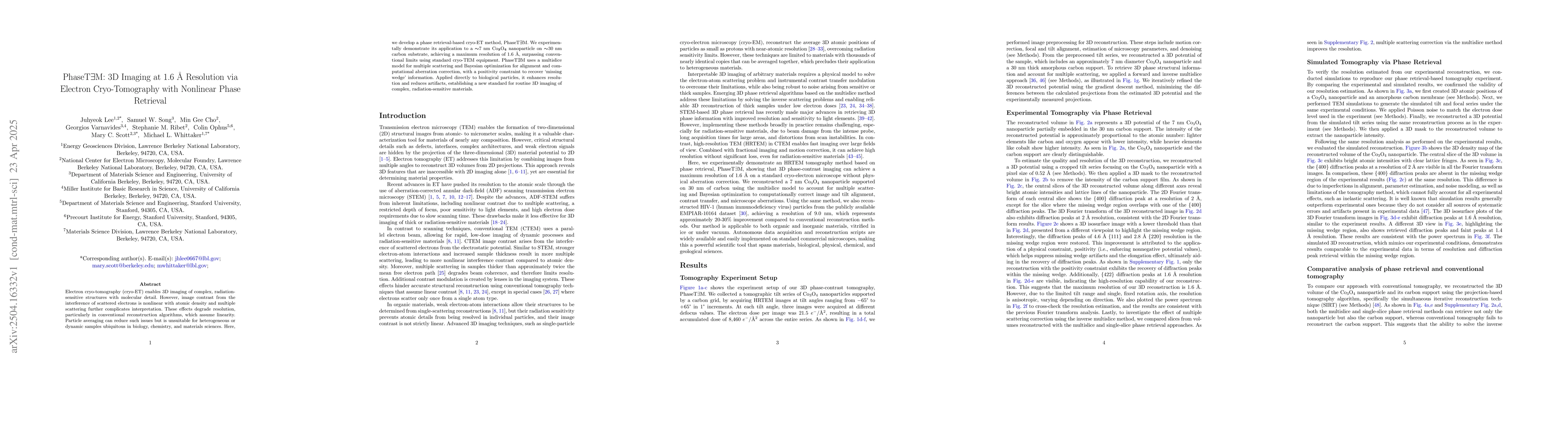 Thumbnail for PhaseT3M: 3D Imaging at 1.6 Å Resolution via Electron
  Cryo-Tomography with Nonlinear Phase Retrieval