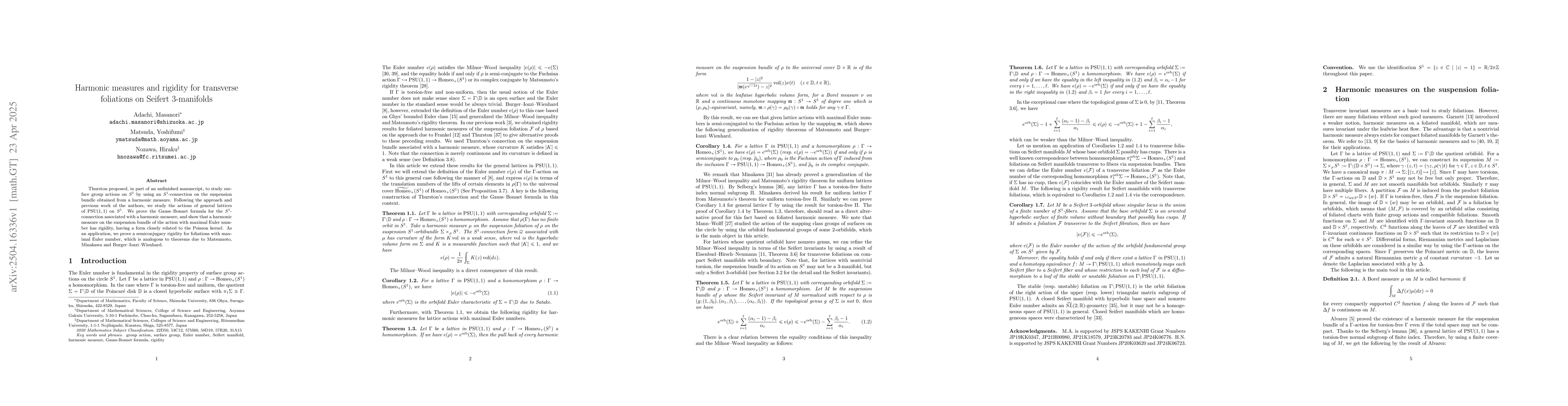 Thumbnail for Harmonic measures and rigidity for transverse foliations on Seifert
  $3$-manifolds