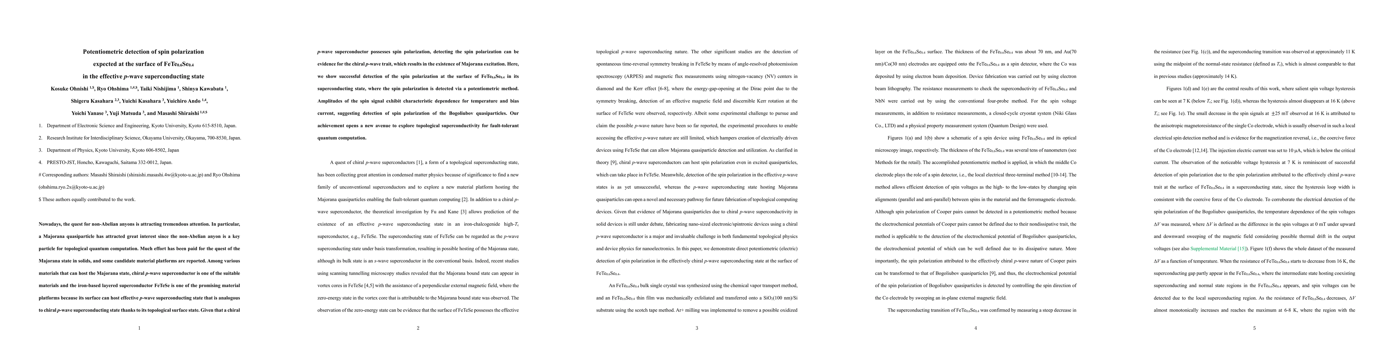 Thumbnail for Potentiometric detection of spin polarization expected at the surface of
  FeTe0.6Se0.4 in the effective p-wave superconducting state