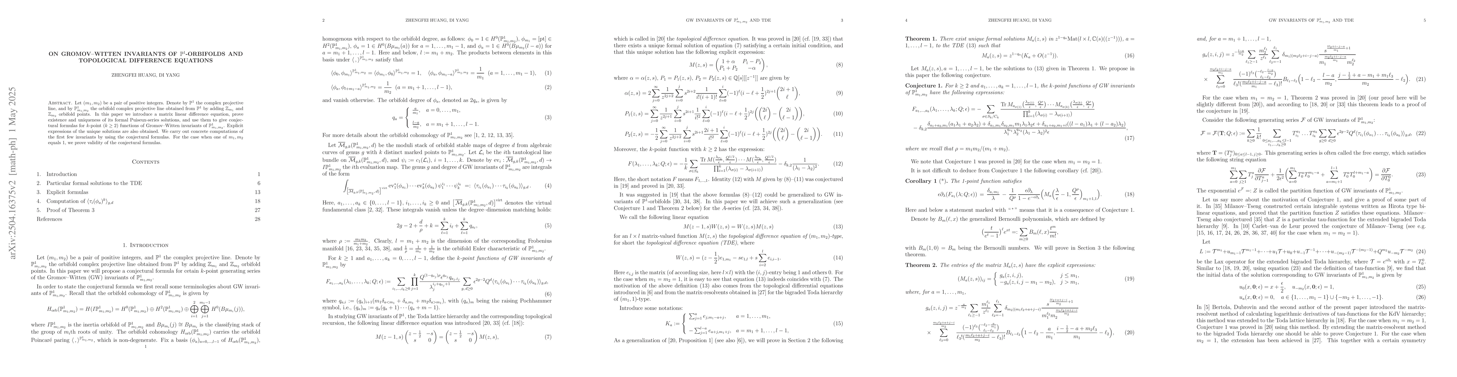Thumbnail for On Gromov--Witten invariants of $\mathbb{P}^1$-orbifolds and topological
  difference equations