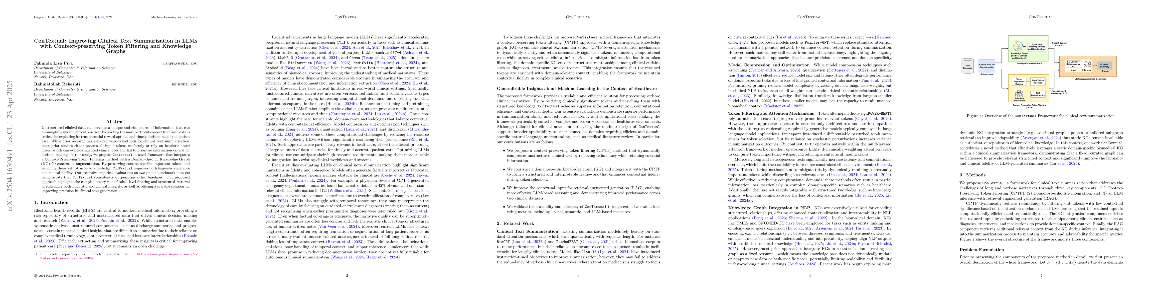 Thumbnail for ConTextual: Improving Clinical Text Summarization in LLMs with
  Context-preserving Token Filtering and Knowledge Graphs