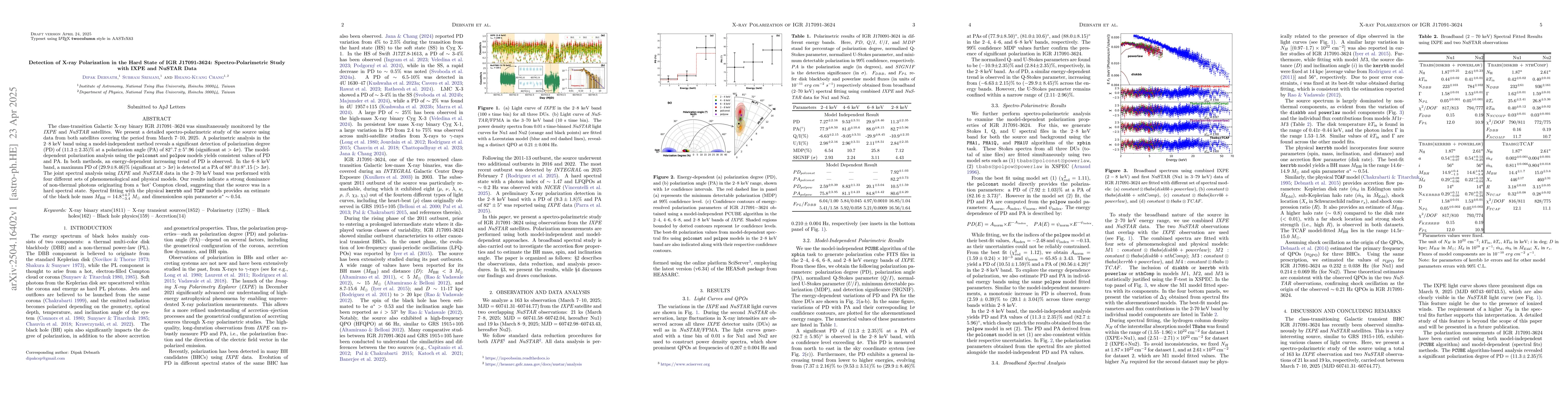 Thumbnail for Detection of X-ray Polarization in the Hard State of IGR J17091-3624:
  Spectro-Polarimetric Study with IXPE and NuSTAR Data