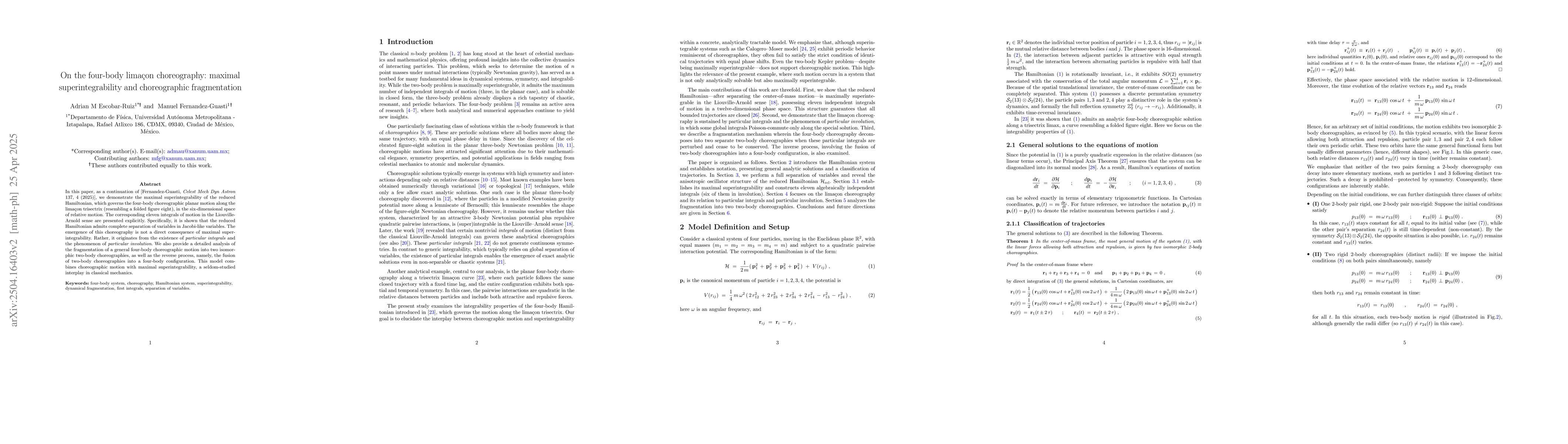 Thumbnail for On the four-body limaçon choreography: maximal superintegrability
  and choreographic fragmentation