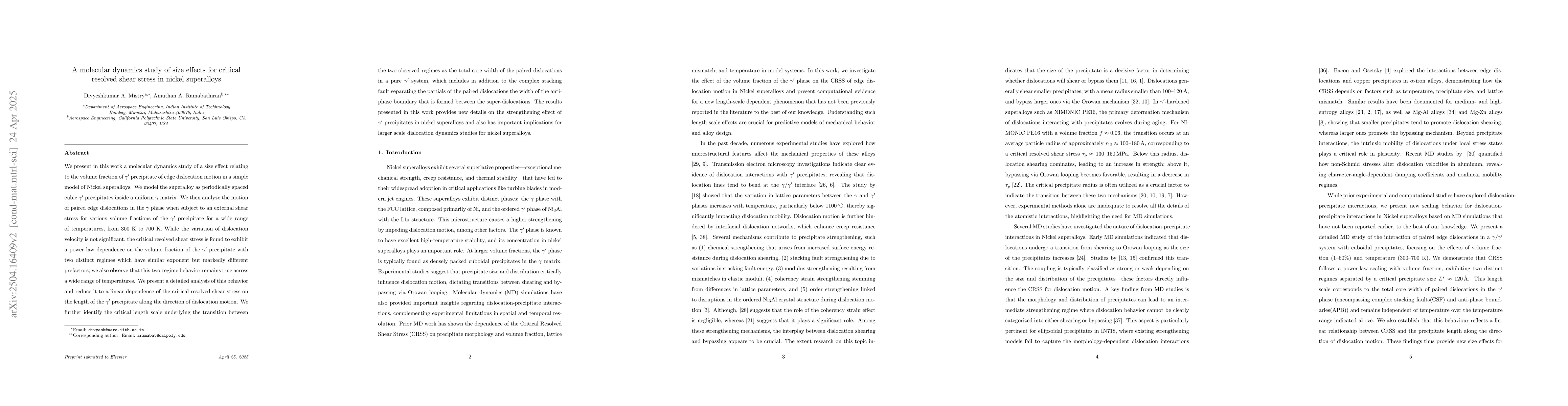 Thumbnail for A Molecular Dynamics Study of Size Effects for Critical Resolved Shear
  Stress in Nickel Superalloys