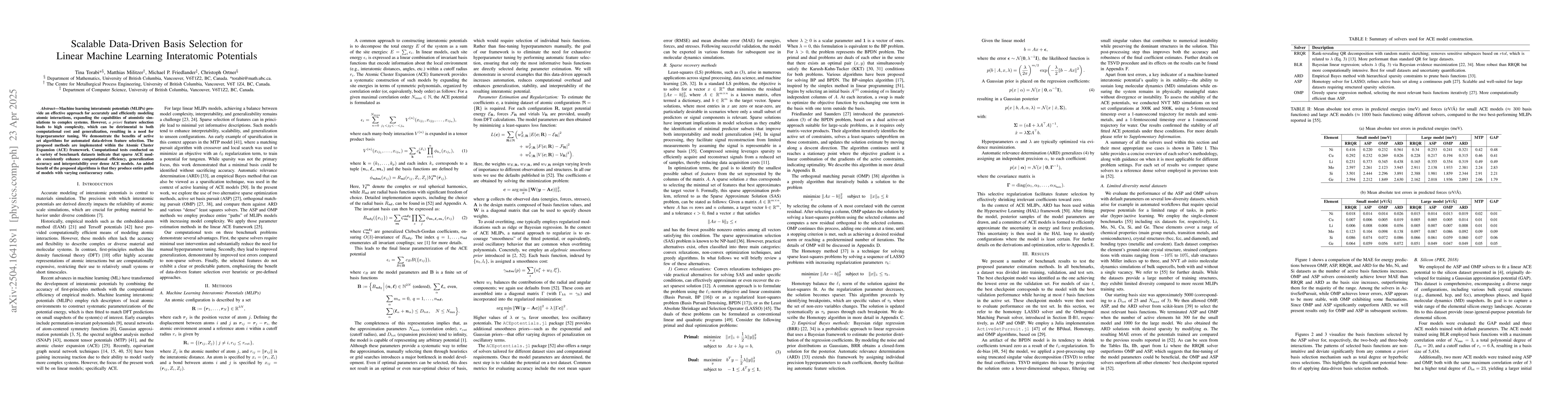Thumbnail for Scalable Data-Driven Basis Selection for Linear Machine Learning
  Interatomic Potentials
