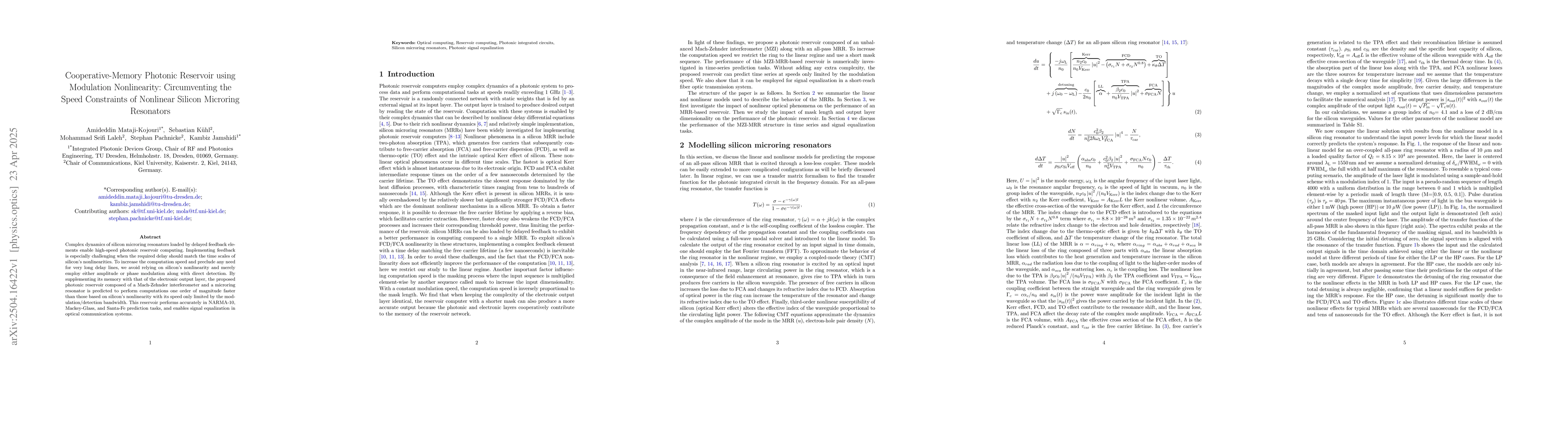 Thumbnail for Cooperative-Memory Photonic Reservoir using Modulation Nonlinearity:
  Circumventing the Speed Constraints of Nonlinear Silicon Microring Resonators