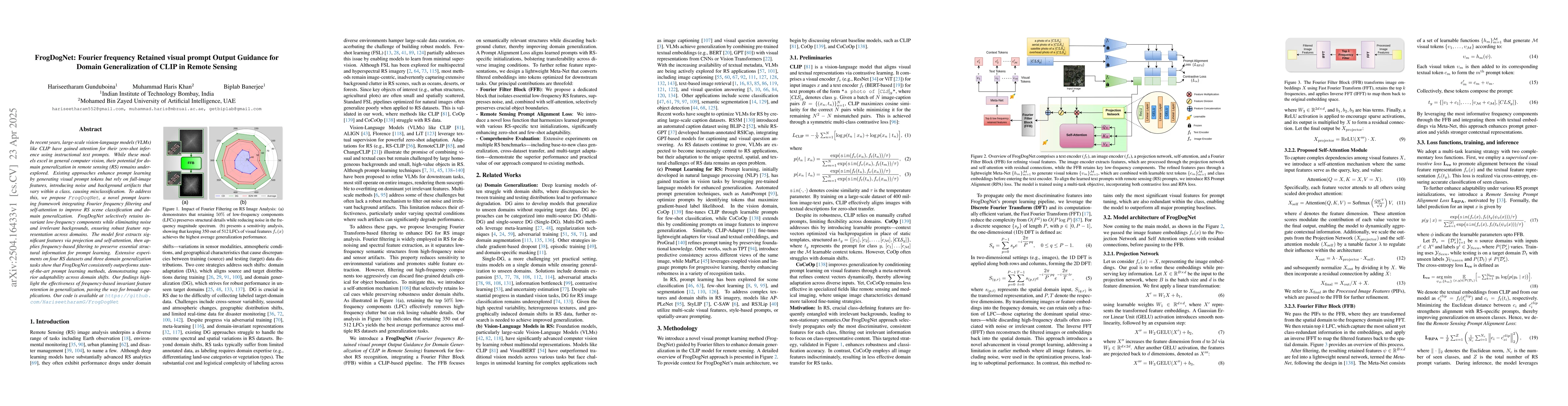 Thumbnail for FrogDogNet: Fourier frequency Retained visual prompt Output Guidance for
  Domain Generalization of CLIP in Remote Sensing