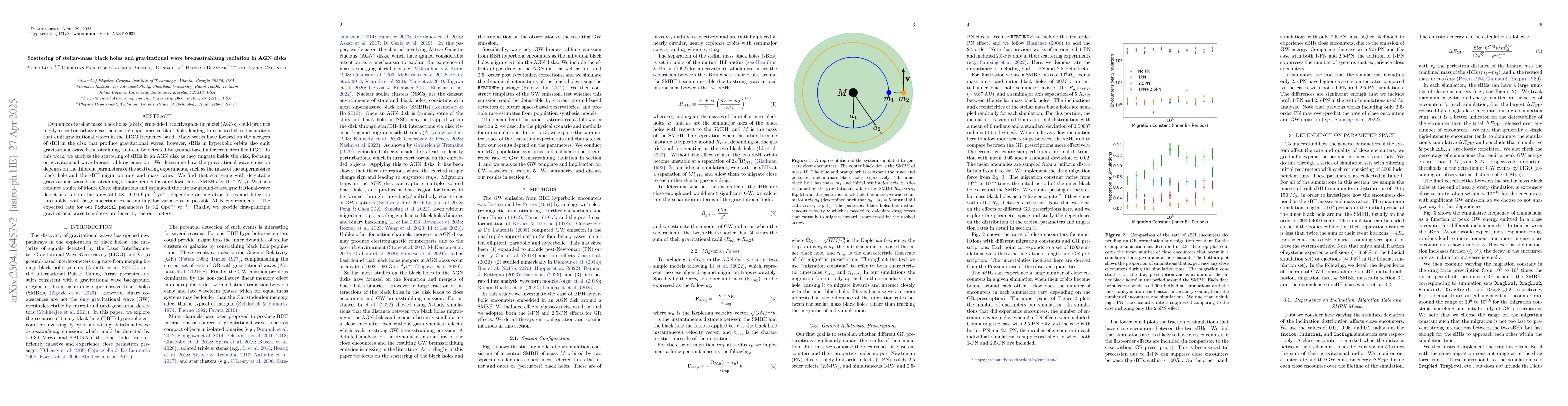 Thumbnail for Scattering of stellar-mass black holes and gravitational wave
  bremsstrahlung radiation in AGN disks
