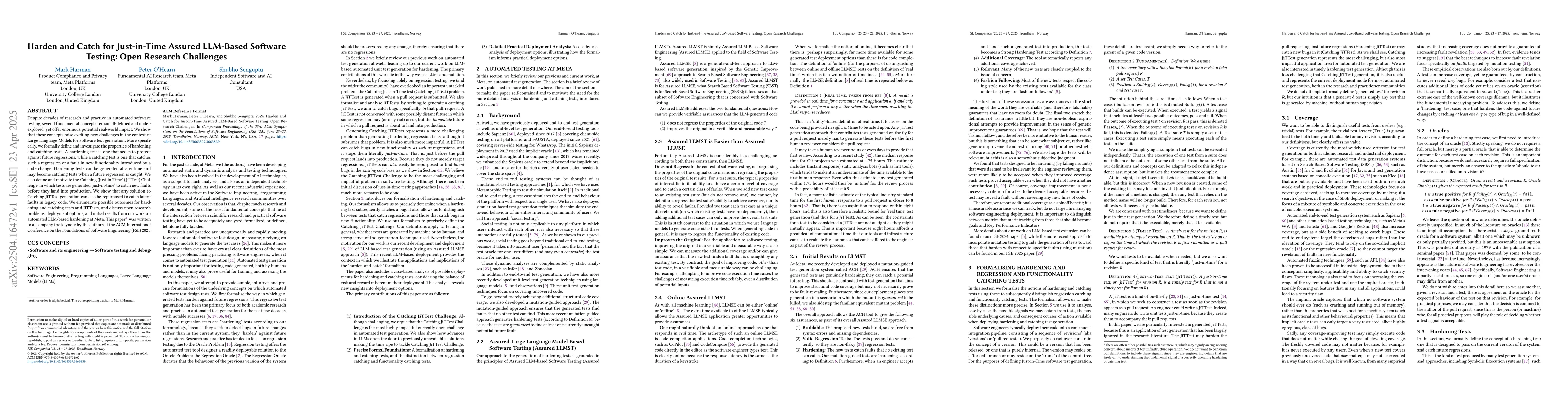 Thumbnail for Harden and Catch for Just-in-Time Assured LLM-Based Software Testing:
  Open Research Challenges