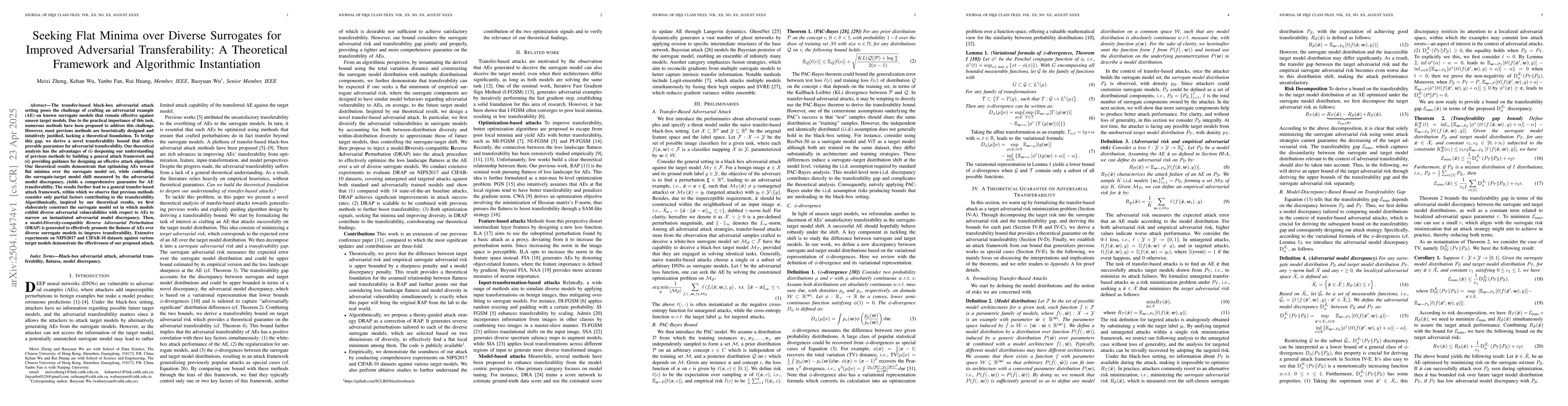 Thumbnail for Seeking Flat Minima over Diverse Surrogates for Improved Adversarial
  Transferability: A Theoretical Framework and Algorithmic Instantiation