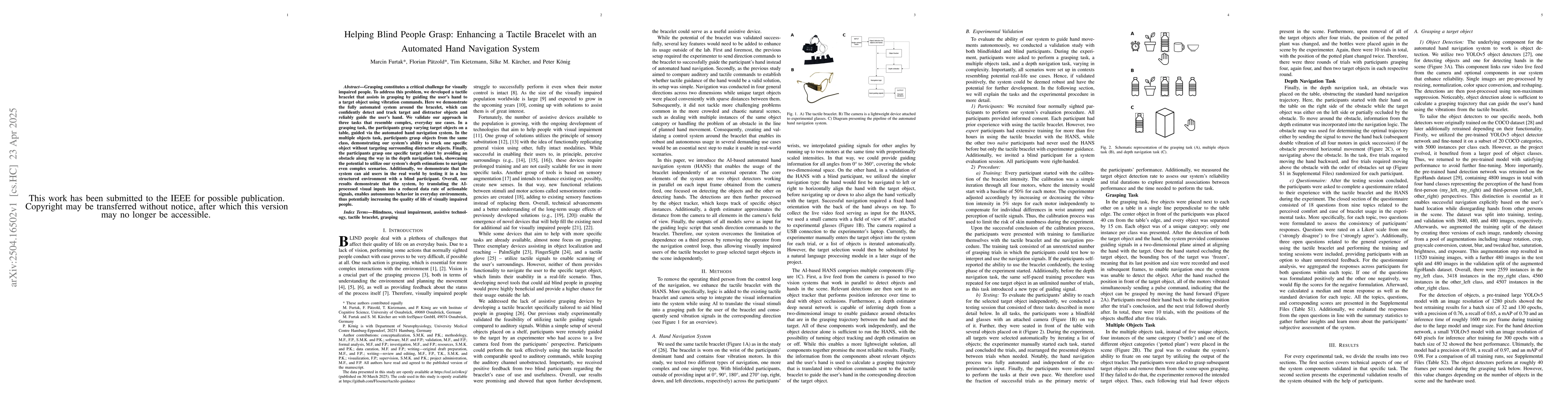 Thumbnail for Helping Blind People Grasp: Enhancing a Tactile Bracelet with an
  Automated Hand Navigation System