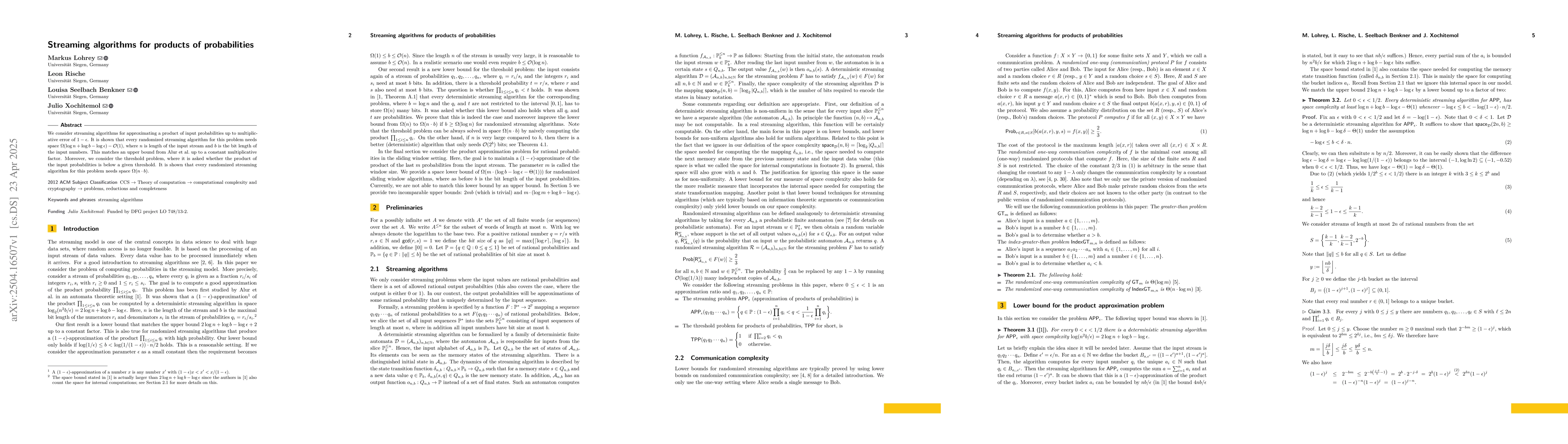 Thumbnail for Streaming algorithms for products of probabilities