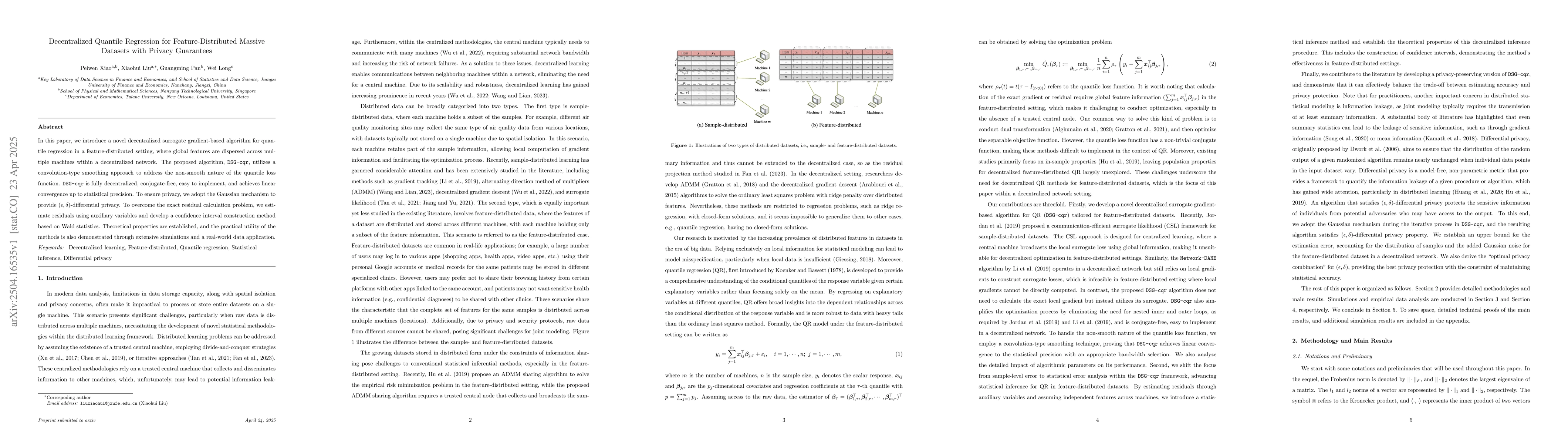 Thumbnail for Decentralized Quantile Regression for Feature-Distributed Massive
  Datasets with Privacy Guarantees