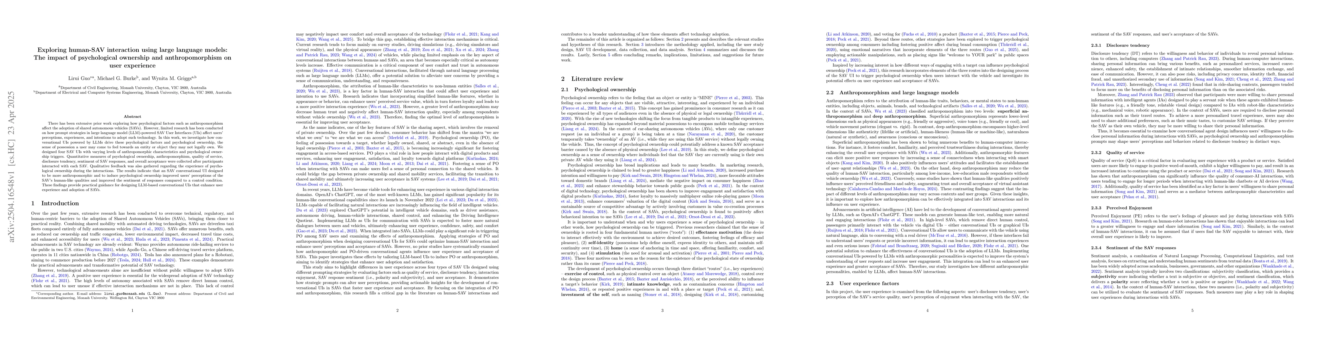 Thumbnail for Exploring human-SAV interaction using large language models: The impact
  of psychological ownership and anthropomorphism on user experience