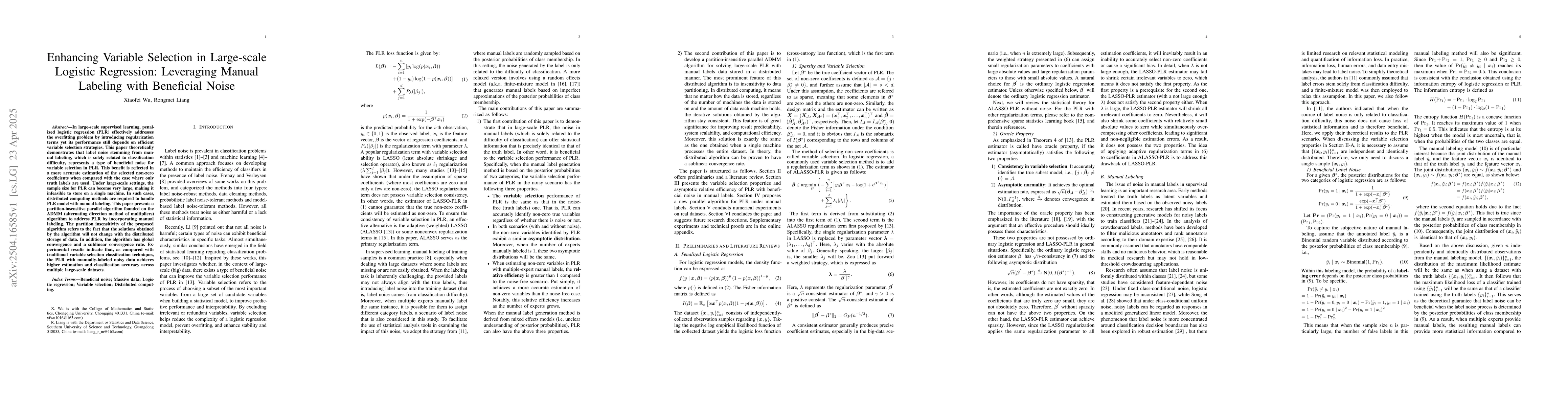 Thumbnail for Enhancing Variable Selection in Large-scale Logistic Regression:
  Leveraging Manual Labeling with Beneficial Noise