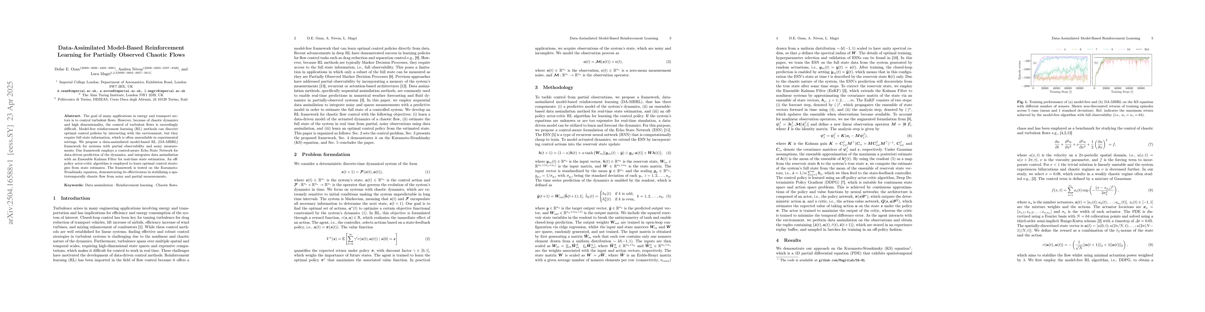 Thumbnail for Data-Assimilated Model-Based Reinforcement Learning for Partially
  Observed Chaotic Flows