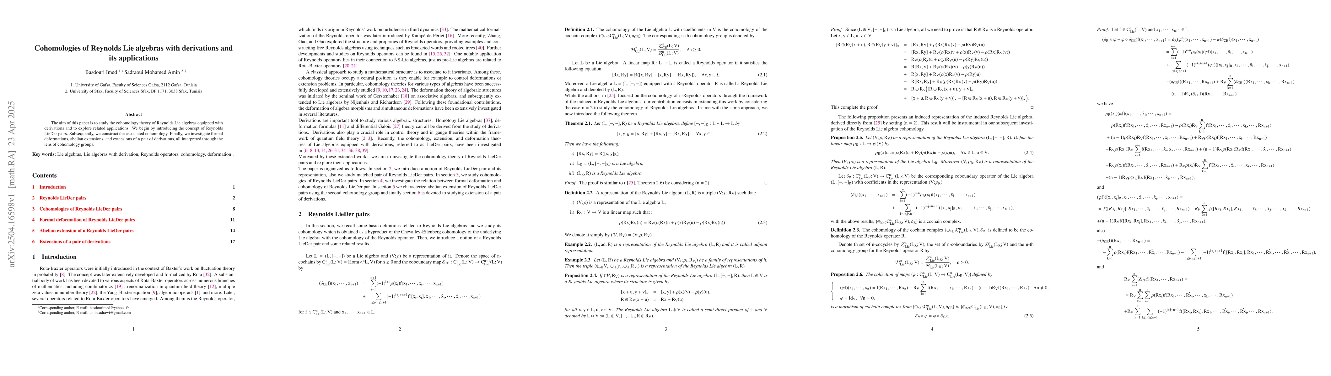 Thumbnail for Cohomologies of Reynolds Lie algebras with derivations and its
  applications