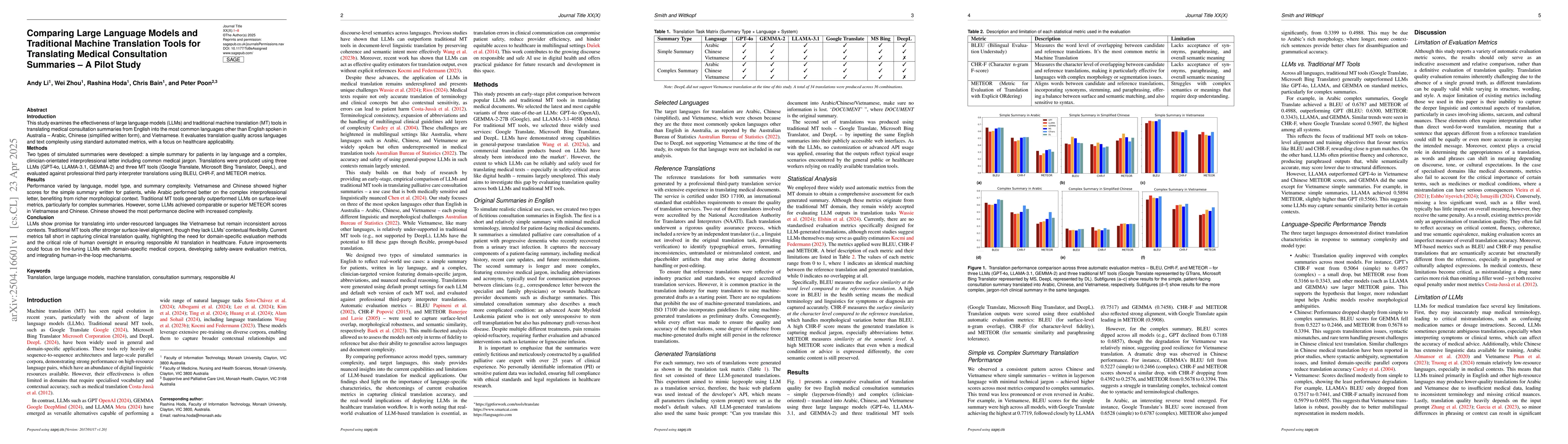Thumbnail for Comparing Large Language Models and Traditional Machine Translation
  Tools for Translating Medical Consultation Summaries: A Pilot Study