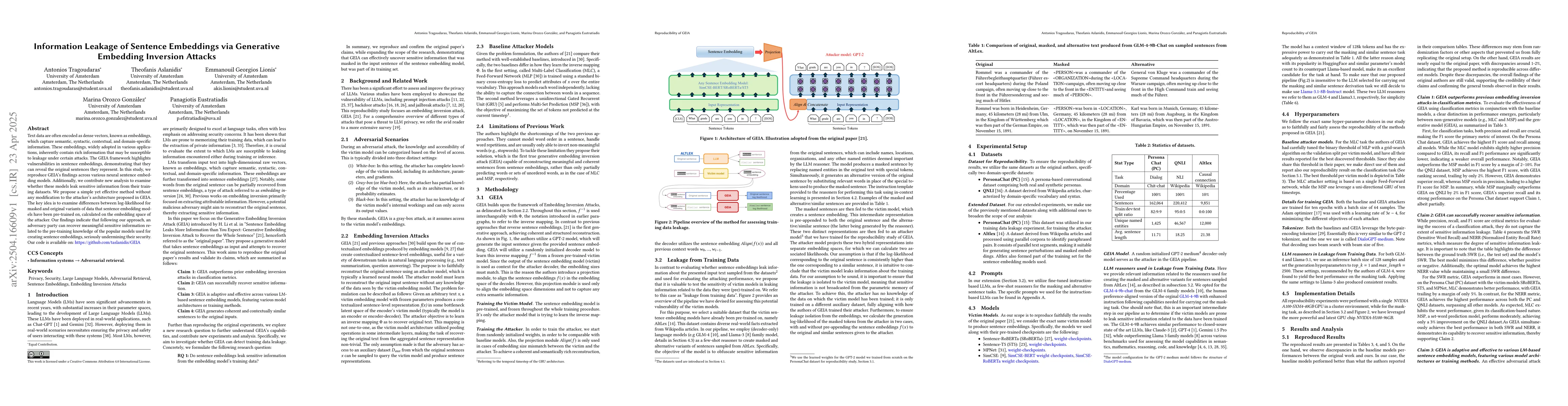 Thumbnail for Information Leakage of Sentence Embeddings via Generative Embedding
  Inversion Attacks