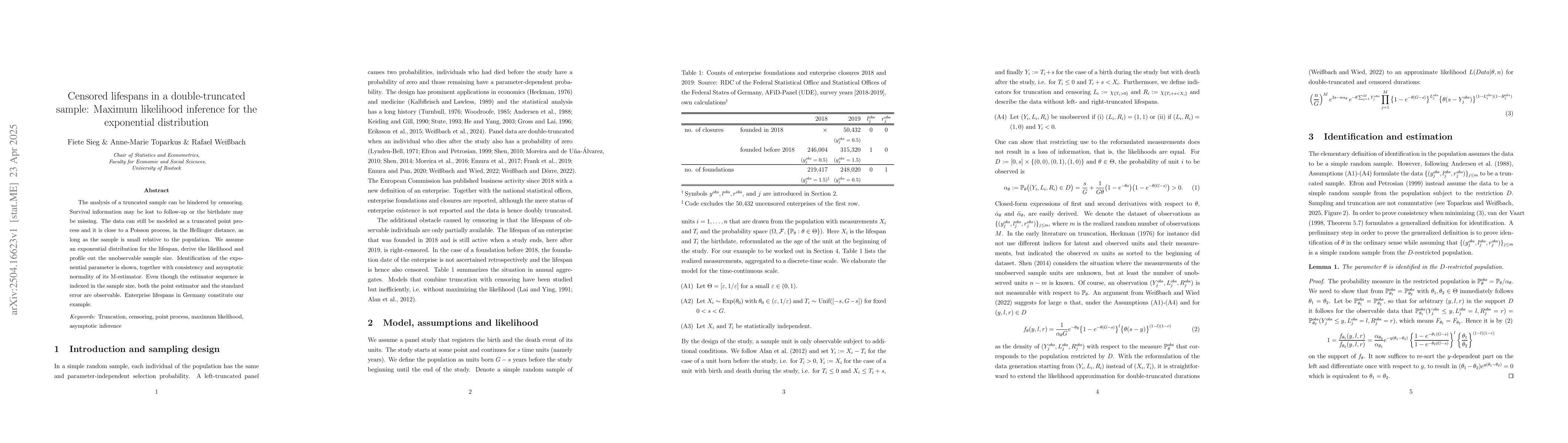 Thumbnail for Censored lifespans in a double-truncated sample: Maximum likelihood
  inference for the exponential distribution