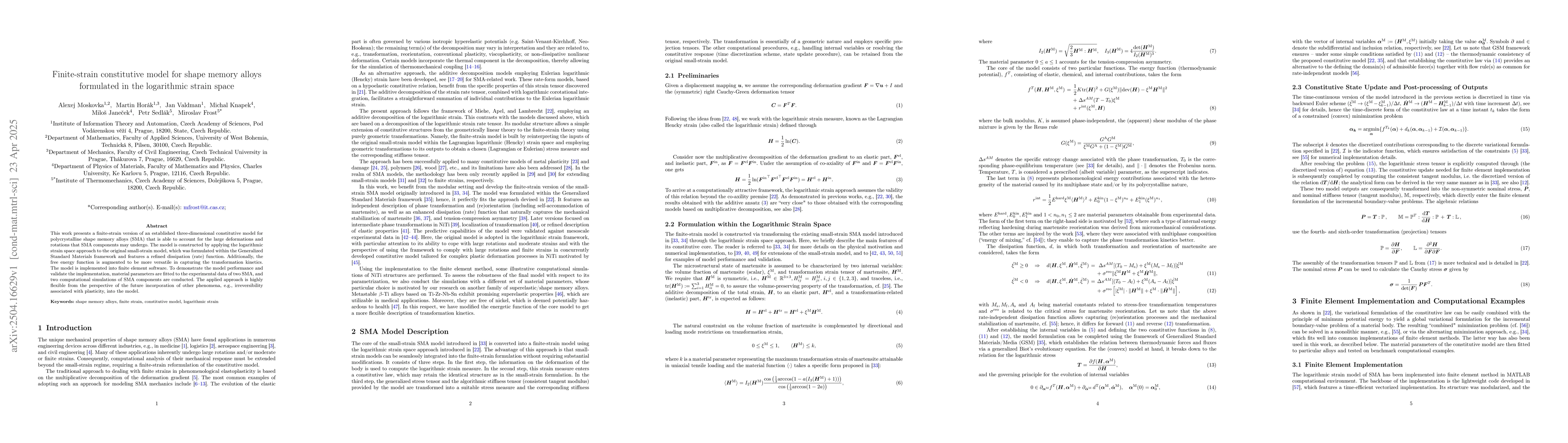 Thumbnail for Finite-strain constitutive model for shape memory alloys formulated in
  the logarithmic strain space