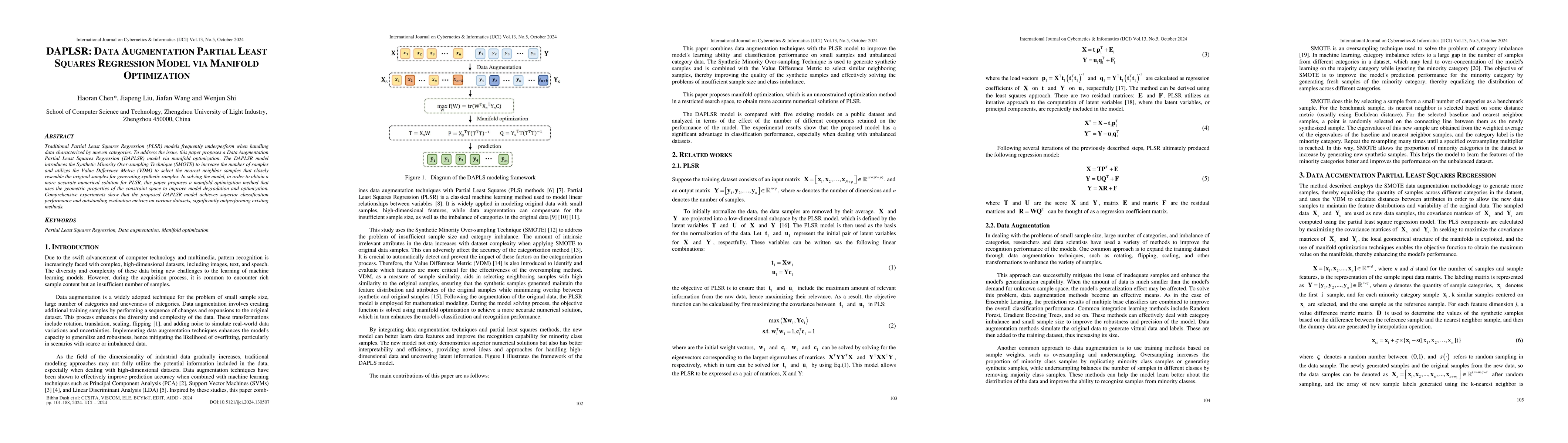 Thumbnail for DAPLSR: Data Augmentation Partial Least Squares Regression Model via
  Manifold Optimization