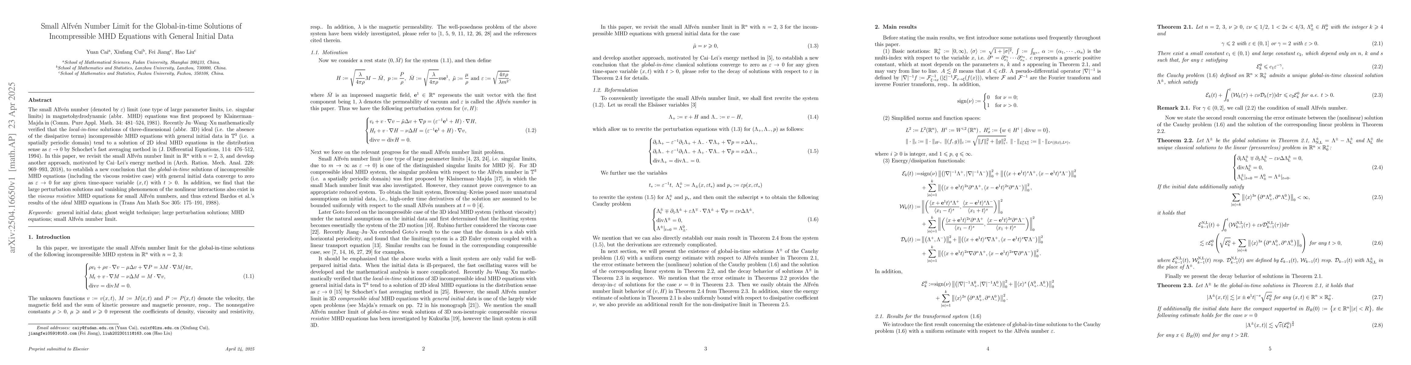 Thumbnail for Small Alfvén Number Limit for the Global-in-time Solutions of
  Incompressible MHD Equations with General Initial Data