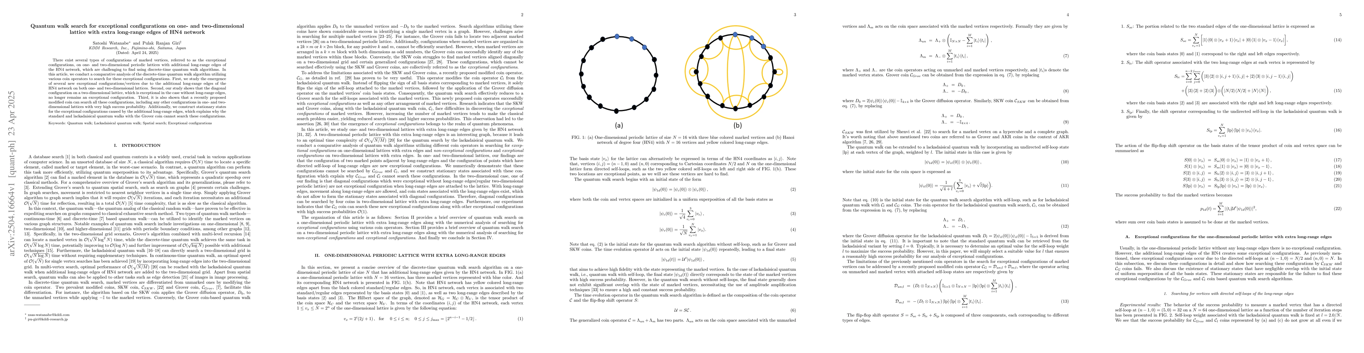 Thumbnail for Quantum walk search for exceptional configurations on one- and
  two-dimensional lattice with extra long-range edges of HN4 network