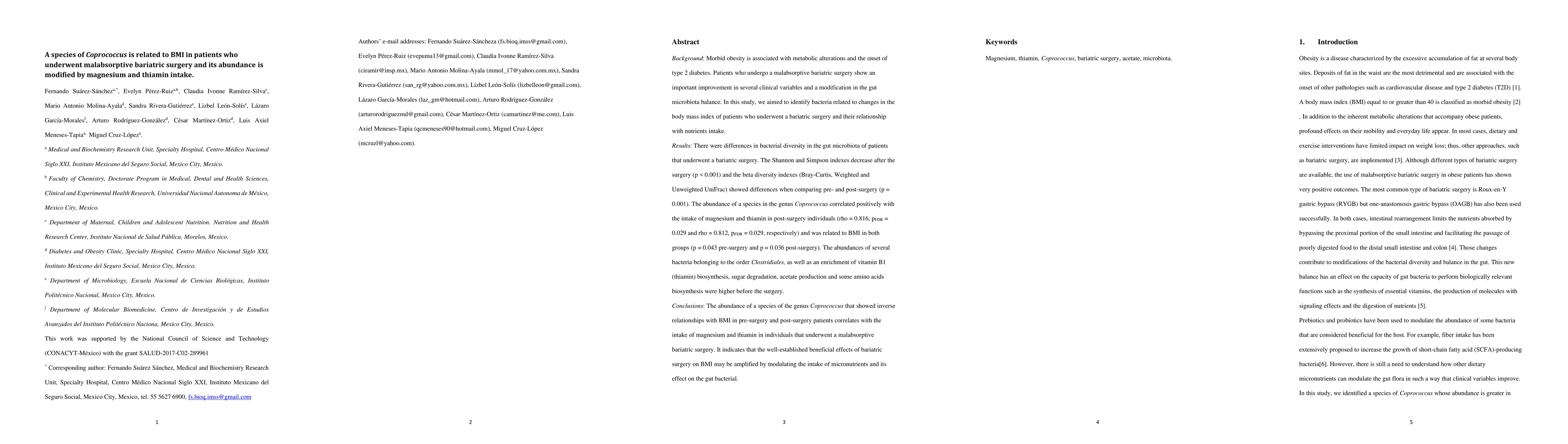 Thumbnail for A species of Coprococcus is related to BMI in patients who underwent
  malabsorptive bariatric surgery and its abundance is modified by magnesium
  and thiamin intake