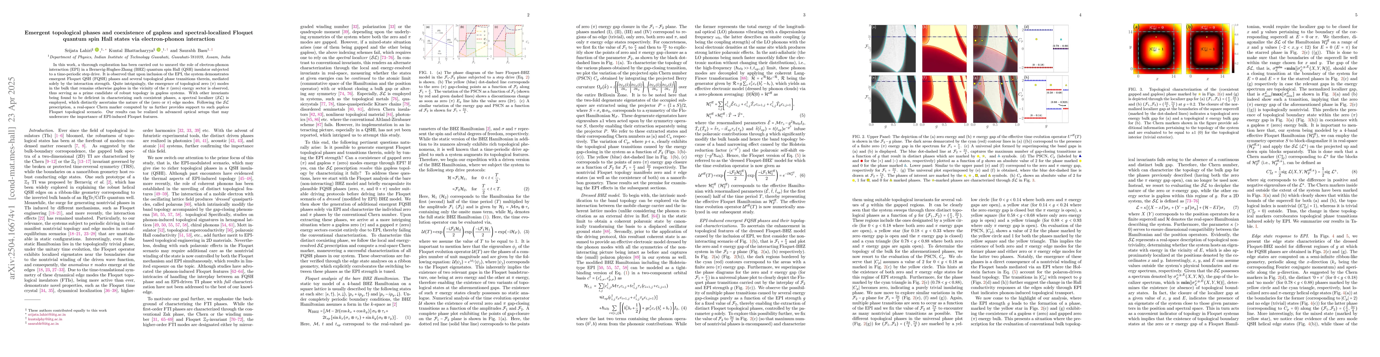 Thumbnail for Emergent topological phases and coexistence of gapless and
  spectral-localized Floquet quantum spin Hall states via electron-phonon
  interaction