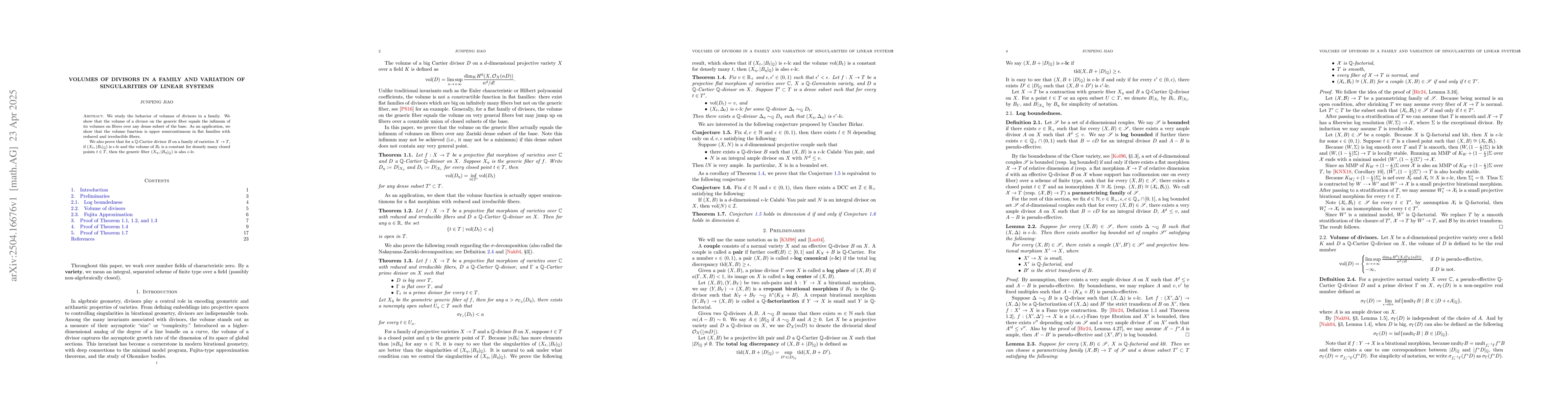 Thumbnail for Volumes of divisors in a family and variation of singularities of linear
  systems