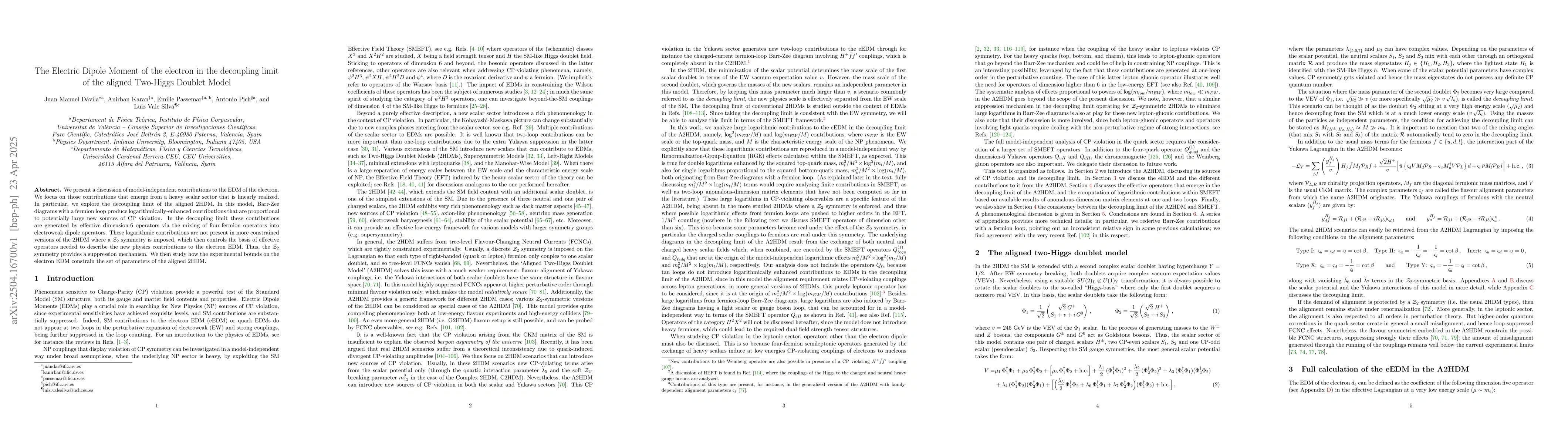 Thumbnail for The Electric Dipole Moment of the electron in the decoupling limit of
  the aligned Two-Higgs Doublet Model